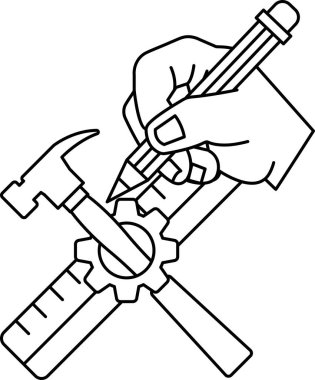 Bir el bir kalem ve bir çekiç tutuyor. Kalem çekicin sağ tarafında.