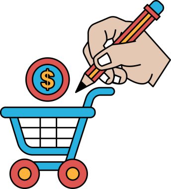 Bir el alışveriş arabasına dolar işareti çiziyor. Alışveriş kavramı ve bu süreçte paranın önemi