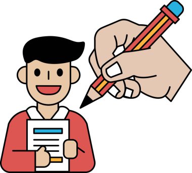 Bir adam elinde kalem tutuyor ve gülümsüyor. Görüntü, bir şeyler yazan bir kişi hakkında. Kalem kırmızı ve siyah.