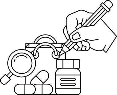 Bir el kalem ve büyüteç tutan bir elin resmini çiziyor. Bir ilaç şişesi ve ilaç şişesi olan bir eczanenin resmi.