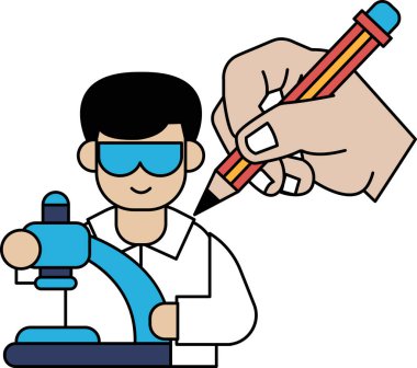 Bir adam mikroskopla bir bilim adamının resmini çiziyor. Çizimde laboratuvar önlüğü giyen ve elinde kalem tutan bir adam var. Bilimsel keşif ve keşif kavramı