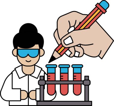 Laboratuvar önlüğü giymiş ve elinde kalem tutan bir kadının karikatür çizimi. Kalem bir kağıt parçasına çiziyor ve kadın gülümsüyor. Yaratıcılık ve merak kavramı