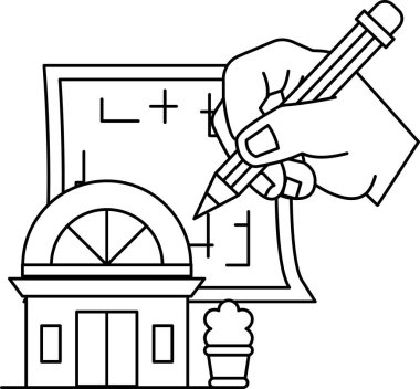 Bir el kalemle bir ev çiziyor. Ev penceresi ve kapısı olan küçük bir binadır. Kalem evi çizmek için kullanılıyor.