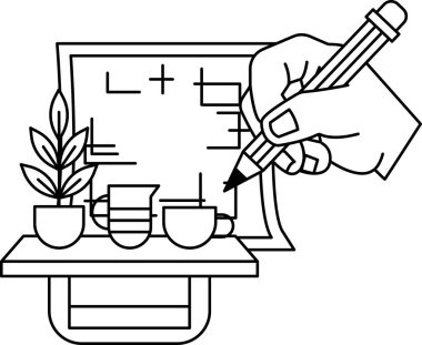 Bir el beyaz arka plana kurşun kalemle çiziyor. Resimde elinde bir bitki ve bir kupa tutan bir kişi var. Yaratıcılık ve rahatlama kavramı