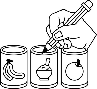 Bir el üç teneke yiyeceğe yazı yazıyor. Kutularda muz, elma ve domates de dahil olmak üzere farklı yiyecek türleri etiketlenmiştir. El, kutuları yazmak için bir kalem kullanıyor.