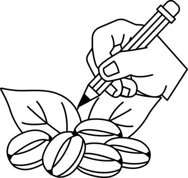 Bir el kurşun kalemle bir yaprağa yazı yazıyor. Kalem siyah ve el beyazdır. Yaprak yeşildir ve birkaç küçük kahverengi lekesi vardır. Yaratıcılık ve hayal gücü kavramı