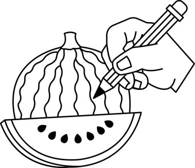 Bir el kalemle karpuz çiziyor. Karpuz ikiye bölünür ve kalem tohumları çekmek için kullanılır.