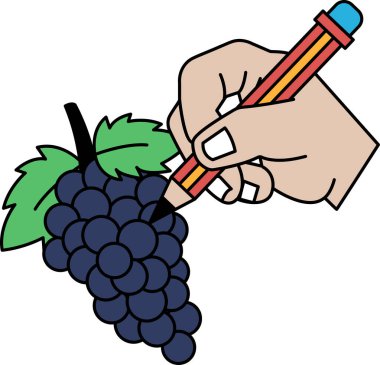 Bir el kalemle bir üzüm çiziyor. Yaratıcılık ve oyunculuk kavramı, el bir üzüm çizmek için bir kalem kullandığı gibi, bu meyveyi tasvir etmek için alışılmadık ve beklenmedik bir yoldur.
