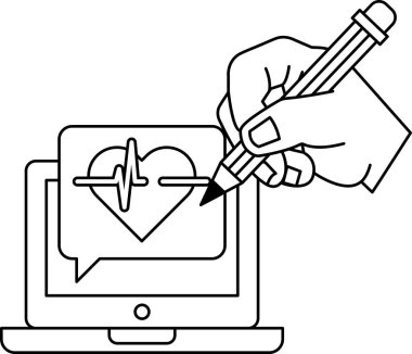Bir insan laptop ekranına kalp çiziyor. Kalp bir çember ve bir çizgi ile çevrilidir. Kişi kalbi çizmek için bir kalem kullanıyor.