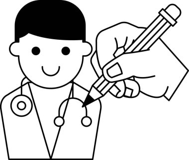 Adamın biri steteskoplu bir doktorun resmini çiziyor. Resimde elinde kalem olan gülümseyen bir adam var. Sıcaklık ve pozitiflik kavramı