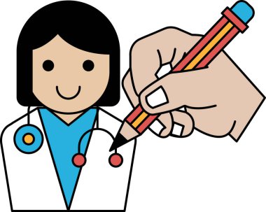 Bir kadın kalemle resim çiziyor. Çizim bir doktorun. Kadın gülümsüyor ve çizim sürecinden hoşlanıyor gibi görünüyor. Yaratıcılık ve pozitiflik kavramı