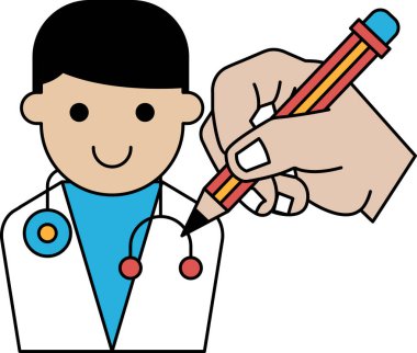 Elinde kalem olan bir adamın karikatür çizimi. Adam gülümsüyor ve bir şeyler çiziyor. Yaratıcılık ve eğlence kavramı, adamın çizmek için kalem kullanması gibi.