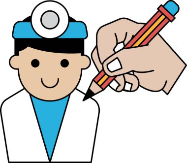 Elinde kalem olan bir adamın karikatür çizimi. Bir doktorun çizimi, ve kalem adamın yüzüne bir çizgi çekmek için kullanılıyor.