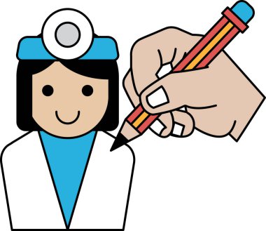 Bir kadın elinde kalem olan bir doktorun resmini çiziyor. Beyaz önlüklü, gülümseyen bir kadının çizimi.