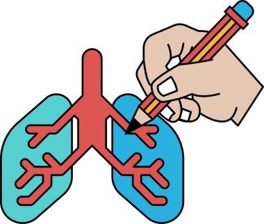 Bir el kalemle akciğer çiziyor. Bir insanın akciğerlerinin çizimi, ve el solunum yollarını ve alveolleri çiziyor.