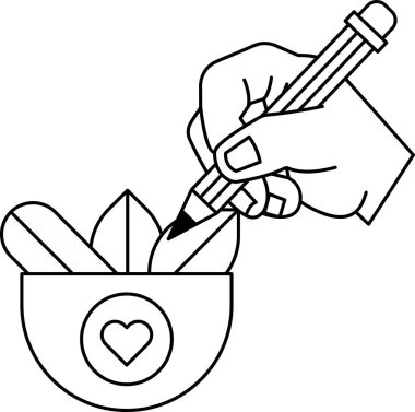 Bir el beyaz arka planda bir kalp çiziyor. Kalp bir kâseyle çevrilidir ve el çizimi yapmak için bir kalem kullanır. Yaratıcılık ve sanatsal ifade kavramı