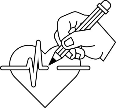 Bir el kalemle kalp çiziyor. Kalp, EKG 'ye benzeyen bir çizgiyle çevrili. Bir insanın kalp kavramı ve onun sağlığını izlemenin önemi
