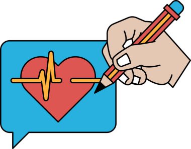 Bir el mavi arka planda kalemi olan bir kalp çiziyor. Kalp kırmızı ve kalem siyah.