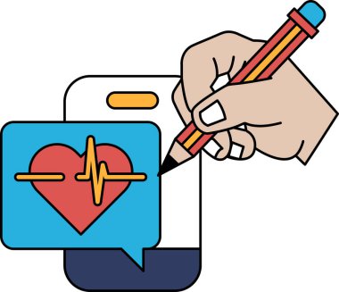 Bir el, kalbi ve çizgisi olan bir kağıt parçasına yazı yazıyor. Kalp kırmızı ve çizgi mavi.