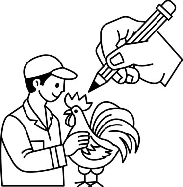 Bir adam kalemle tavuk çiziyor. Tavuk siyah bir kalemle çiziliyor. Adam şapka ve gömlek giyiyor.