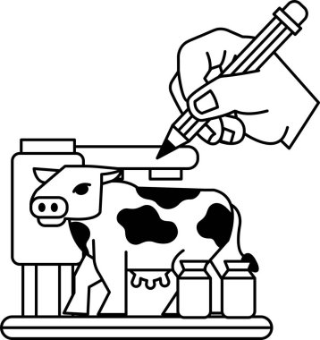 Bir el beyaz arka planda bir inek çiziyor. İnek siyah ve beyazdır ve siyah bir burnu vardır. El, ineği çizmek için kalem kullanıyor.