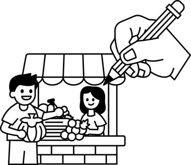 Bir erkek ve bir kadın bir mağazanın resmini çiziyorlar. Adam bir kalem tutuyor ve kadın bir sepet tutuyor. Mağaza meyve ve sebzelerle dolu.