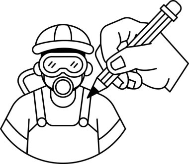 Sert şapkalı bir adam kalemle resim çiziyor. Bu, gaz maskesi takan bir kişinin resmi.