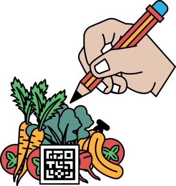 Bir el bir kalemle sebze resmi çiziyor. Sebzeler arasında havuç, domates ve brokoli var.