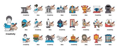 Bu görüntünün teması yaratıcılık. Beyaz bir arkaplana kılıç, taç ve kitap da dahil olmak üzere çeşitli semboller ve simgeler çizen bir adam. Adam sanat eserlerini yaratmak için kalem kullanıyor.