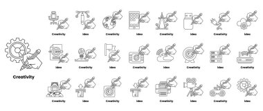 Bu görüntünün teması yaratıcılık. Bir dişli, bir kalem ve bir ampul de dahil olmak üzere çeşitli sembol ve şekillere sahiptir. Semboller bir ızgaraya yerleştirilmiş.