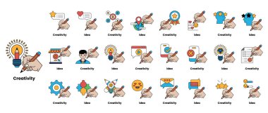 Bu görüntünün teması yaratıcılık. Renkli simgeler ve çizimler içeriyor. Kalem ve kalp tutan bir kişi de dahil. Kalem simgesi diğer çizimlerle çevrilidir