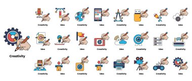 Bu görüntünün teması yaratıcılık. Çeşitli sembol ve simgeler, bir el, bir kalem, bir araba, bir kamera, bir klavye ve bir bayrak dahil. Kalemli el bir kalem tutuyor.