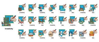 Bu görüntünün teması yaratıcılık. Sergide elinde kalem tutan ve beyaz tahtaya yazı yazan insanların çeşitli çizimleri yer alıyor. Çizimler farklı boyutlarda ve stillerde.