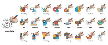 Bu görüntünün teması yaratıcılık. İçinde kalem, şişe, bardak, kitap, saat, araba, insan, ev, ağaç gibi çeşitli sembol ve çizimler yer alıyor.