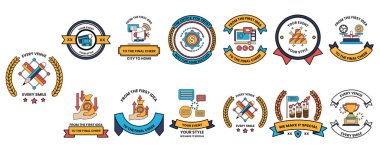 Çeşitli tasarım ve renklere sahip bir rozet koleksiyonu. Bazı rozetlerde yıldız var.