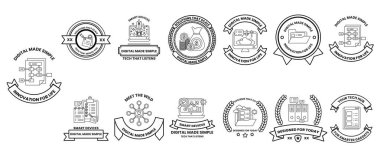 Çeşitli şirketler için siyah beyaz logo koleksiyonu. Logoların hepsi farklı şekil ve boyutlarda, ama hepsinin tasarımı aynı.