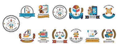 Farklı tema ve fikirlere sahip rozet koleksiyonu. Temalar arasında spor, teknoloji ve eğitim yer alıyor.