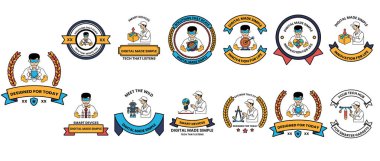 Beyaz önlüklü bir adamın rozet koleksiyonu. Adam elinde bir kitap ve bir bardak tutuyor.