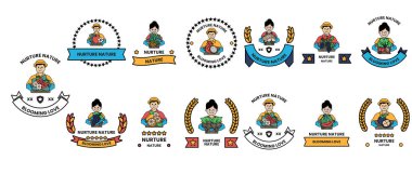 Doğayla ilgili bir olay için sembol ve amblem koleksiyonu. Semboller arasında şapkalı bir adam, sakallı ve şapkalı bir adam, sakallı ve şapkalı bir adam var.