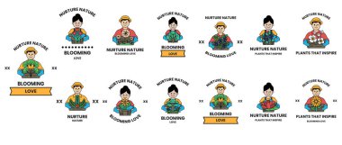 Bir dizi çizgi film karakteri, her birinin farklı bir adı var. Karakterlerin hepsi gülümsüyor ve mutlu görünüyorlar. Resmin başlığı: 