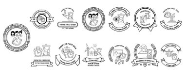 Siyah beyaz logo ve sembollerden oluşan bir koleksiyon. İlk logo içinde üçgen olan bir daire.