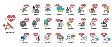 Görüntü, empati kavramı ile ilgili çeşitli sembol ve kelimelerden oluşan bir koleksiyondur. Semboller arasında bir kalp, bir robot, bir mikroskop ve bir büyüteç var.