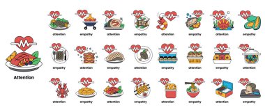 Görüntü, her birinin yanında bir kalp sembolü bulunan farklı yiyecek parçalarından oluşan bir koleksiyon. Kalp sembolü, sağlıklı beslenmenin yanı sıra sevginin ve yiyeceğe özen göstermenin önemini temsil eder.