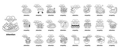 Resim, bir tabak yemek, bir araba, bir tekne ve bir insan gibi çeşitli şeylerin siyah beyaz çizimlerinden oluşur. Çizimler bir ızgara içinde düzenlenir