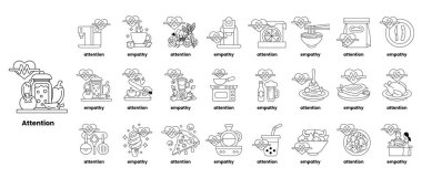 Çeşitli nesnelerin ve kavramların bir dizi siyah beyaz çizimi. Çizimler 