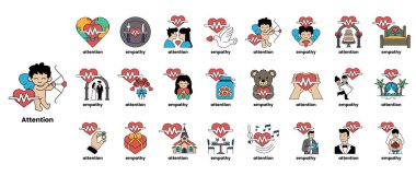 Empati, sempati ve nezaket gibi kelimelerle dolu kalp şeklinde ikonlar. Simgeler, her birinin farklı bir duyguyu ya da konsepti temsil ettiği bir ızgaraya dizilmiştir.