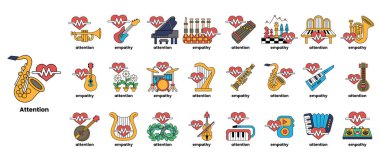 Bir müzik enstrümanı koleksiyonu ve isimleri. Enstrümanlar ilk sıranın en belirgin olduğu bir ızgarada sıralanmıştır. Enstrümanlar arasında bir saksafon, bir trombon, bir trompet var.