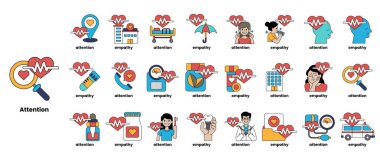 Steteskop, kalp ve şırınga gibi tıbbi sembollerin bir koleksiyonu.