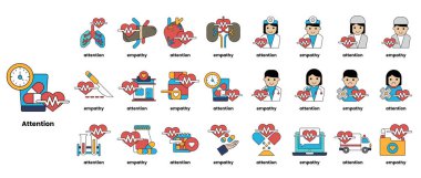 Resim, kalpler, steteskoplar ve tıp uzmanları da dahil olmak üzere çeşitli tıbbi sembol ve simgelerden oluşuyor. Sahne sağlık ve sağlıklıdır.