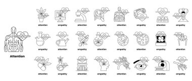 Resim, çeşitli nesneler ve kavramların siyah ve beyaz çizimlerinden oluşan bir ızgaradır. Şebeke 